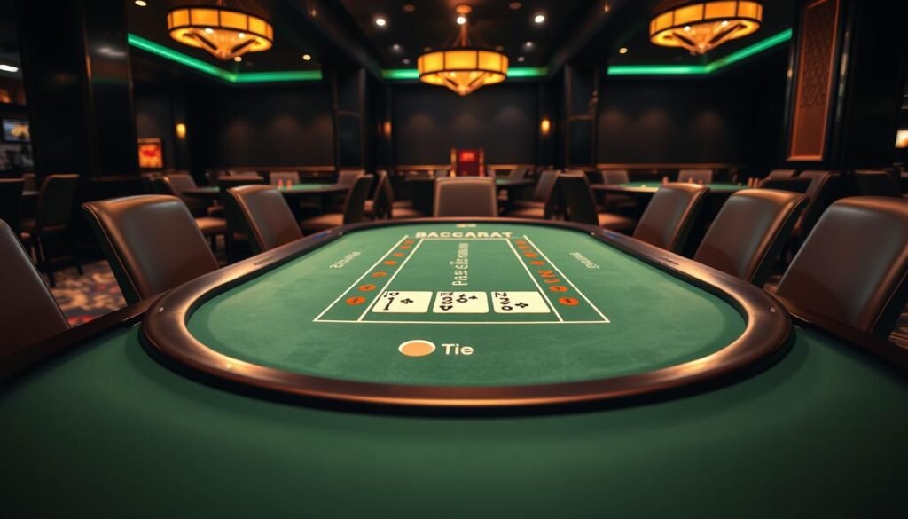 A neatly arranged table in a dimly lit casino, the green felt surface reflecting the warm glow of lamps overhead. In the center, a layout with the classic baccarat rules and betting options - Player, Banker, and Tie. Sleek, modern casino chairs surround the table, inviting players to take a seat and dive into the game. The atmosphere is one of anticipation and excitement, with a touch of elegance. The camera angle captures the table at a slight angle, giving a sense of depth and perspective. This image perfectly encapsulates the essence of the baccarat game and its rules, ready to illustrate the key aspects of this captivating casino classic.