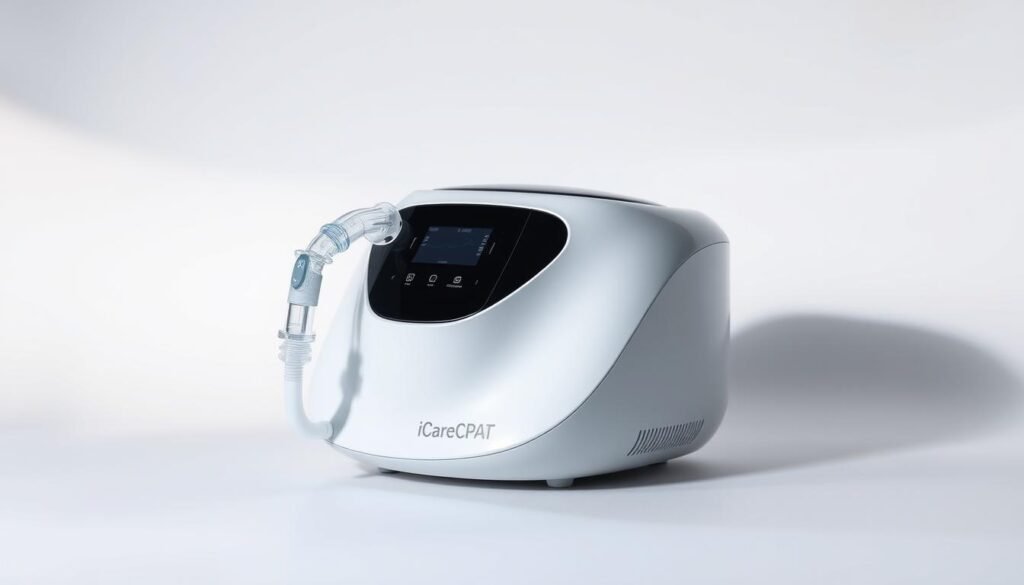 A sleek, energy-efficient iCareCPAP sleep apnea machine, its smooth curves and clean lines hinting at its advanced design. The device is suspended in a minimalist, well-lit studio setting, casting subtle shadows that highlight its form. The background features a softly blurred gradient, creating a sense of depth and focus on the machine's elegant profile. The lighting is carefully balanced, enhancing the machine's high-tech aesthetic and suggesting its efficient, eco-friendly operation. The overall composition conveys a sense of modern, sustainable medical technology.