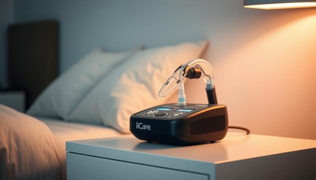 A sleek, modern iCareCPAP sleep apnea device resting on a minimalist bedside table. The device has a streamlined, ergonomic design with a matte black finish, softly illuminated controls, and a transparent mask attached. The room is bathed in warm, gentle lighting, creating a calming, relaxing atmosphere. The device is positioned prominently, signifying its importance as a vital medical tool for managing sleep disorders. The background is blurred, keeping the focus on the iCareCPAP machine as the central subject. Technical details like the airflow mechanisms and energy-efficient components are subtly visible, hinting at the device's advanced capabilities.