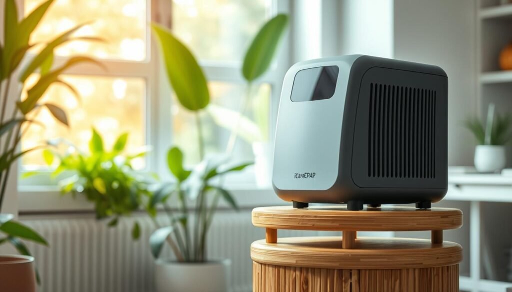 A sleek, modern iCareCPAP sleep apnea machine rests atop a minimalist, eco-friendly bamboo stand. Elegant curves and a muted gray palette convey a sense of sustainable design. Soft, diffused lighting from a large window bathes the scene in a warm, natural glow, highlighting the machine's efficient, energy-saving components. In the background, lush green plants and a clean, minimalist workspace suggest a harmonious, environmentally-conscious environment. The overall impression is one of a high-performance, yet environmentally-responsible medical device seamlessly integrated into a modern, sustainable lifestyle.
