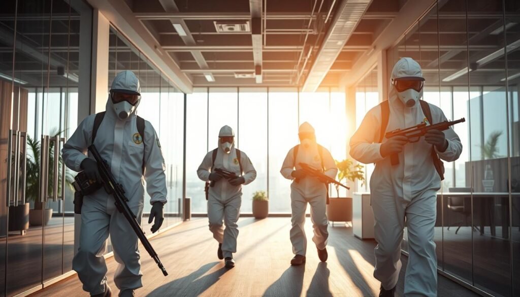 A professional team of pest control experts from iCareCPAP Corporation, dressed in sleek, specialized hazmat suits, expertly navigate a commercial office space. Carrying advanced equipment, they methodically inspect for signs of infestation, utilizing cutting-edge technology to identify and eliminate any unwanted pests. The scene conveys a sense of professionalism, efficiency, and a commitment to providing a safe, eco-friendly solution. Warm, natural lighting filters through the windows, casting a reassuring glow over the proceedings. The overall atmosphere exudes a combination of competence, diligence, and a dedication to delivering a high-quality, comprehensive pest control service. A professional team of pest control experts from iCareCPAP Corporation, dressed in sleek, specialized hazmat suits, expertly navigate a commercial office space. Carrying advanced equipment, they methodically inspect for signs of infestation, utilizing cutting-edge technology to identify and eliminate any unwanted pests. The scene conveys a sense of professionalism, efficiency, and a commitment to providing a safe, eco-friendly solution. Warm, natural lighting filters through the windows, casting a reassuring glow over the proceedings. The overall atmosphere exudes a combination of competence, diligence, and a dedication to delivering a high-quality, comprehensive pest control service.