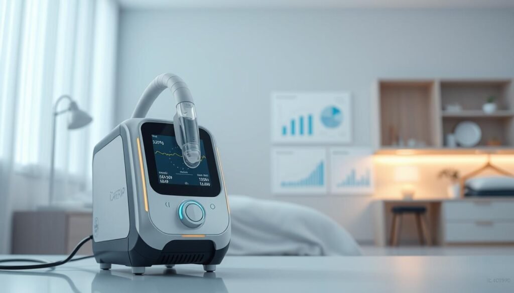A high-quality, cutting-edge iCareCPAP sleep apnea machine positioned prominently in the foreground, its sleek and modern design showcasing the latest advancements in respiratory technology. The machine is surrounded by a soft, diffused lighting, creating a calming and therapeutic atmosphere. In the middle ground, medical charts and graphs illustrate the long-term benefits of using the iCareCPAP device, highlighting its effectiveness in improving sleep quality and blood pressure control. The background features a serene, minimalist medical setting, conveying a sense of professionalism and health-focused expertise. The overall composition emphasizes the device's role in enhancing the user's well-being and quality of life.