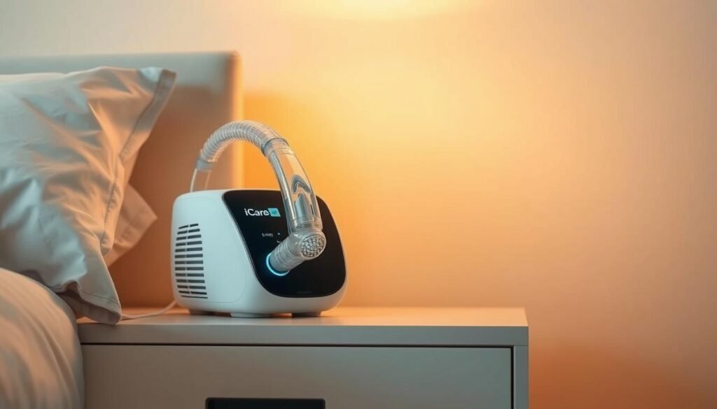 A high-resolution, realistic image of an iCareCPAP sleep apnea breathing machine. The device is placed on a sleek, modern nightstand against a warm, minimalist backdrop. Soft, diffused lighting creates a soothing, calming atmosphere. The iCareCPAP machine is prominently featured, showcasing its clean, contemporary design with intricate details. The image conveys the importance of this medical device in managing sleep-related respiratory conditions and its integration into a comfortable, healthy home environment.