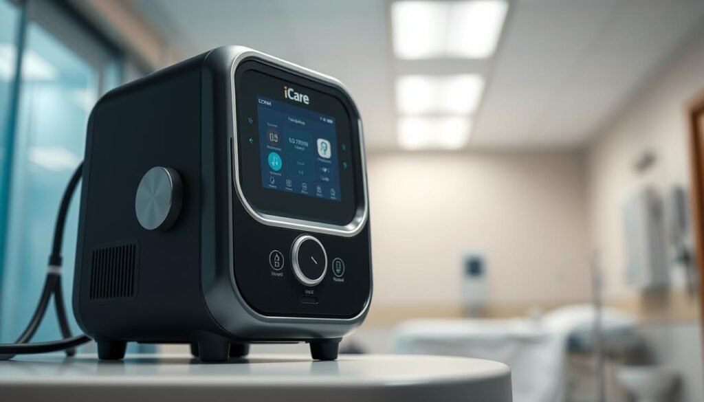 A highly detailed, scientifically accurate 3D render of the latest iCareCPAP sleep apnea machine. The device is shown in crisp focus, with a sleek, modern design featuring matte black and chrome accents. Ambient lighting from above casts soft shadows, highlighting the smooth contours and intuitive control panel. In the background, a blurred medical environment suggests a clinic or hospital setting, conveying the device's professional medical-grade functionality. The overall atmosphere is one of advanced technology, innovation, and healthcare efficacy, capturing the essence of the "睡眠呼吸機的技術進步" concept. A highly detailed, scientifically accurate 3D render of the latest iCareCPAP sleep apnea machine. The device is shown in crisp focus, with a sleek, modern design featuring matte black and chrome accents. Ambient lighting from above casts soft shadows, highlighting the smooth contours and intuitive control panel. In the background, a blurred medical environment suggests a clinic or hospital setting, conveying the device's professional medical-grade functionality. The overall atmosphere is one of advanced technology, innovation, and healthcare efficacy, capturing the essence of the "睡眠呼吸機的技術進步" concept.