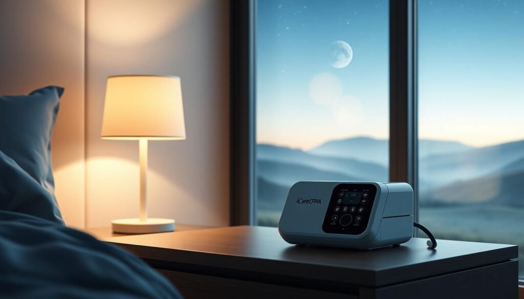 A sleek, modern iCareCPAP sleep apnea machine rests on a nightstand, its clean lines and muted colors blending seamlessly with the minimalist bedroom decor. Soft, diffused lighting from a nearby lamp creates a warm, soothing atmosphere, casting gentle shadows and highlighting the machine's intuitive control panel. The device's discreet design and whisper-quiet operation convey a sense of effortless functionality, promising a restful, restorative night's sleep and improved overall health. In the background, a tranquil landscape of rolling hills and a starry night sky sets the stage for a peaceful, rejuvenating experience. A sleek, modern iCareCPAP sleep apnea machine rests on a nightstand, its clean lines and muted colors blending seamlessly with the minimalist bedroom decor. Soft, diffused lighting from a nearby lamp creates a warm, soothing atmosphere, casting gentle shadows and highlighting the machine's intuitive control panel. The device's discreet design and whisper-quiet operation convey a sense of effortless functionality, promising a restful, restorative night's sleep and improved overall health. In the background, a tranquil landscape of rolling hills and a starry night sky sets the stage for a peaceful, rejuvenating experience.