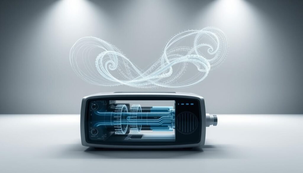 A detailed diagram showcasing the fluid dynamics of a CPAP machine, rendered in a technical yet visually captivating style. In the foreground, the iCareCPAP device, its intricate inner workings visible, with air channels and vents meticulously depicted. In the middle ground, swirling pathways of airflow, visualized through dynamic particle simulations, illustrating the principles of respiratory gas exchange. The background features a minimalist, monochromatic environment, allowing the technical details to take center stage and convey the scientific essence of respiratory mechanics. Crisp, high-resolution imaging with a focus on precise engineering and fluid dynamics, establishing a sense of technical authority and visual clarity. A detailed diagram showcasing the fluid dynamics of a CPAP machine, rendered in a technical yet visually captivating style. In the foreground, the iCareCPAP device, its intricate inner workings visible, with air channels and vents meticulously depicted. In the middle ground, swirling pathways of airflow, visualized through dynamic particle simulations, illustrating the principles of respiratory gas exchange. The background features a minimalist, monochromatic environment, allowing the technical details to take center stage and convey the scientific essence of respiratory mechanics. Crisp, high-resolution imaging with a focus on precise engineering and fluid dynamics, establishing a sense of technical authority and visual clarity.