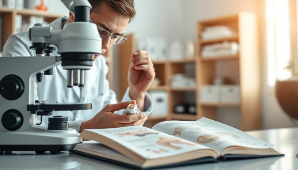 A close-up examination scene illustrating the diagnostic process for eczema treatment. In the foreground, a medical professional in a white lab coat, focused and attentive, is examining skin samples under a microscope. The middle ground features an open medical textbook with diagrams of skin anatomy and immune response illustrated clearly, suggesting research and learning. In the background, a softly lit clinical room with shelves of medical supplies, emphasizing cleanliness and professionalism. The lighting is warm and inviting, casting a gentle glow on the scene, fostering an atmosphere of hope and determination in the quest for eczema treatment. The overall composition conveys a sense of dedication to understanding and treating this skin condition effectively.