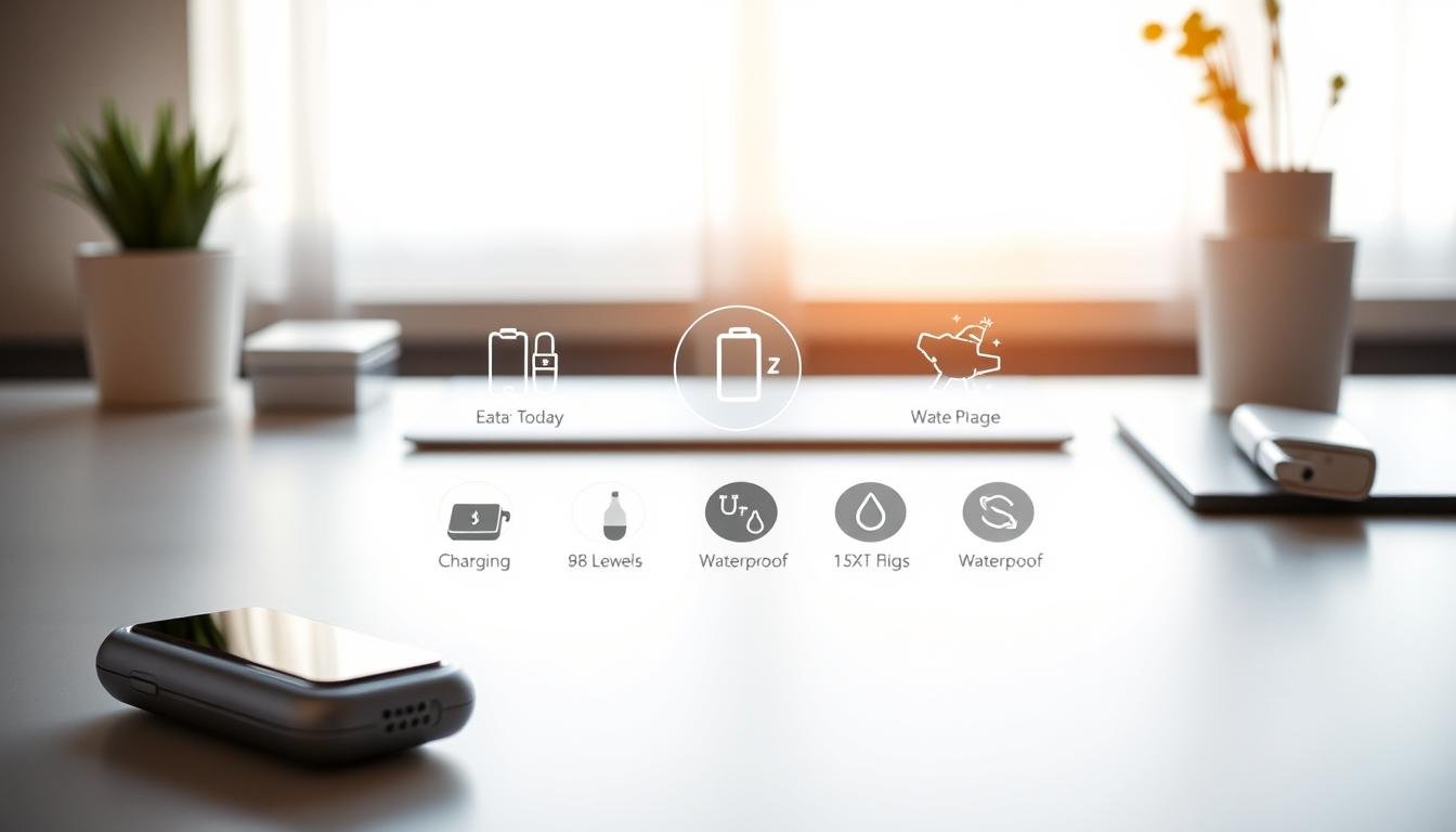 A detailed and informative guide on using an electric sleeve device, prominently featured in the foreground. The device is sleek, modern, and slightly opened to showcase its interior features. In the middle ground, there are visual elements like icons or graphics representing charging, battery levels, and waterproof ratings, arranged neatly around the device. The background features a subtle, blurred workspace setting with soft, warm lighting that conveys a sense of professionalism and comfort. The lighting angle highlights the contours and surfaces of the product, creating an inviting atmosphere. The entire scene should be clean and uncluttered, emphasizing clarity and usability without any text or distractions, designed for an audience seeking guidance on daily maintenance.