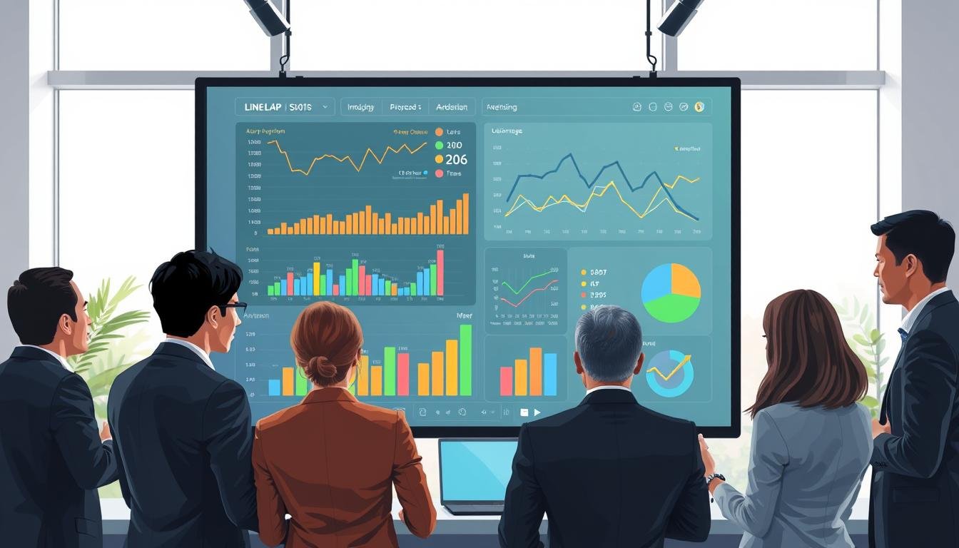 A dynamic digital workspace illustration showcasing the analysis of LINE LAP advertising effectiveness. In the foreground, a diverse group of professionals in business attire collaborates around a large screen filled with colorful charts and graphs, emphasizing data trends and fluctuations. In the middle, various statistical visuals like bar graphs and pie charts depict changes in ad performance and user engagement. The background features a modern office environment with bright, natural lighting coming from large windows, enhancing the positive atmosphere of teamwork and analytical focus. The mood is professional yet engaging, encouraging insight into the common causes of advertisement performance fluctuations. The overall composition is sleek and sophisticated, representing a cutting-edge digital marketing analysis.