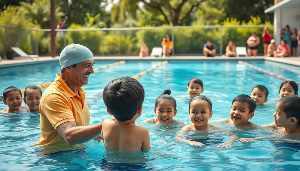 A bright and engaging swimming lesson scene at a community pool, featuring a friendly swimming coach interacting with enthusiastic children. In the foreground, the coach, wearing a polo shirt and swim cap, demonstrates a swimming technique with a patient smile, while a group of diverse children, dressed in modest swim attire, eagerly practice the movements. The middle ground captures the shimmering water reflecting sunlight and the gentle ripples created by the children's splashing. In the background, the pool is surrounded by lush greenery and cheering parents watching with joy. The lighting is warm and inviting, evoking a sense of encouragement and teamwork, with a focus on connection and learning. Use a wide-angle lens to emphasize the dynamic interaction and the lively atmosphere of the swimming class.