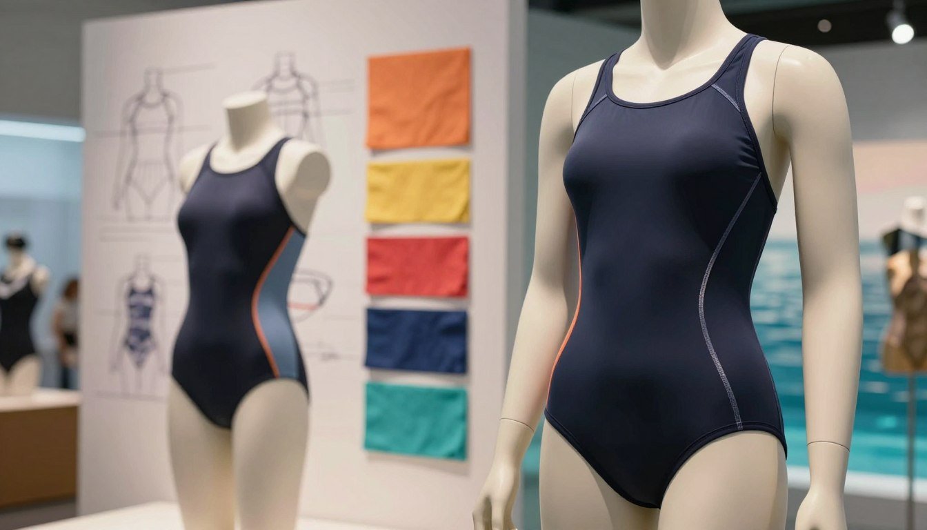 A dynamic display of functional swimwear design emphasizing innovation, showcasing sleek lines and high-performance materials. In the foreground, feature a stylish mannequin dressed in a modern athletic swimsuit, accentuating its ergonomic cuts and water-resistant fabric. The middle ground includes abstract representations of design sketches and fabric swatches, highlighting vibrant colors and textures that suggest versatility and comfort. In the background, a serene aquatic environment, softly lit with warm, cinematic lighting, adds a tranquil atmosphere. Shot at a slightly angled view with a shallow depth of field to create focus on the swimwear, evoking a sense of creativity and forward-thinking in swimwear design. The mood is inspiring and inviting, embodying the future of swimwear aesthetics.