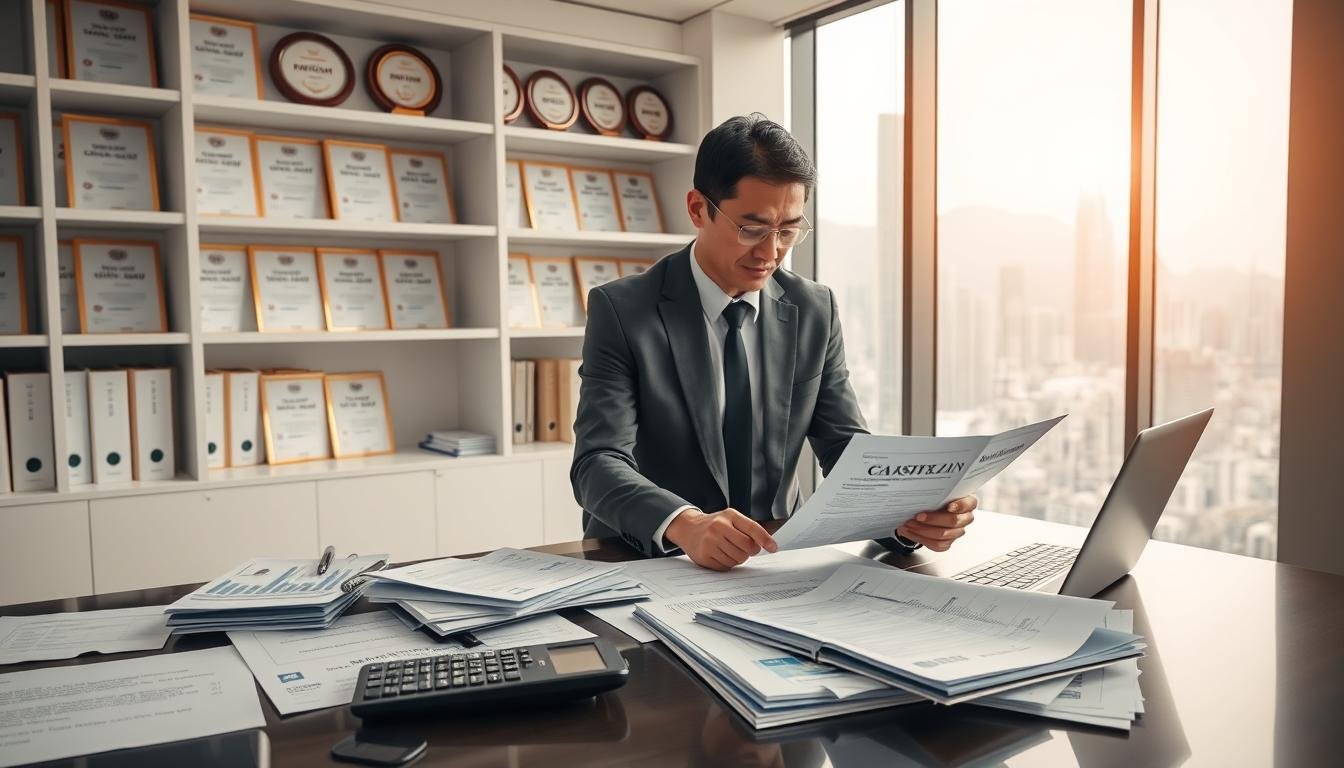 A professional auditor's workspace in Hong Kong, featuring a sleek modern office with a large desk covered in financial documents, accounting software open on a laptop, and a calculator. In the foreground, a professional auditor in business attire reviews the documents, exuding confidence and expertise. The middle layer shows a well-organized shelves filled with certification awards and compliance regulations, indicating credibility. The background features a large window with a view of the Hong Kong skyline, suggesting a vibrant city atmosphere. Soft, natural lighting filters through the window, creating a warm yet professional ambiance. The overall mood conveys trust, professionalism, and a commitment to compliance and service excellence.