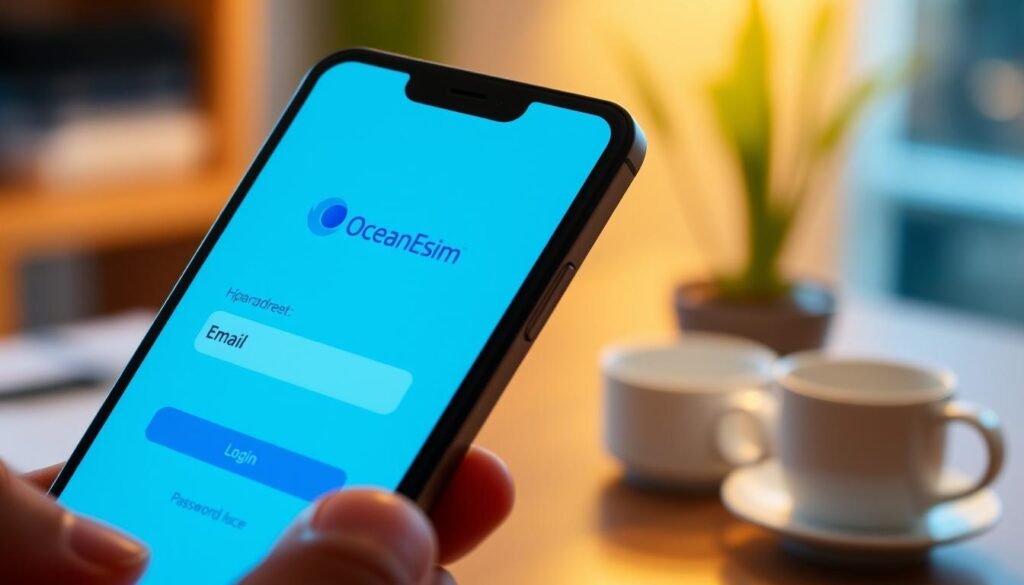 A smartphone interface showing the login screen for "OceanEsim", prominently featuring an intuitive layout with sleek design elements. The foreground displays a user-friendly login form, including input fields for an email address and password, alongside the OceanEsim logo at the top. In the middle ground, the screen is framed with a modern smartphone silhouette to highlight the app's context. The background is softly blurred, simulating a user-friendly environment, perhaps with subtle hints of a cozy home or office setting. The lighting is warm and inviting, adding a sense of professionalism and ease, captured at a slight angle to showcase the device's profile and screen clarity. The overall mood is accessible and trustworthy, reflecting a seamless digital experience.