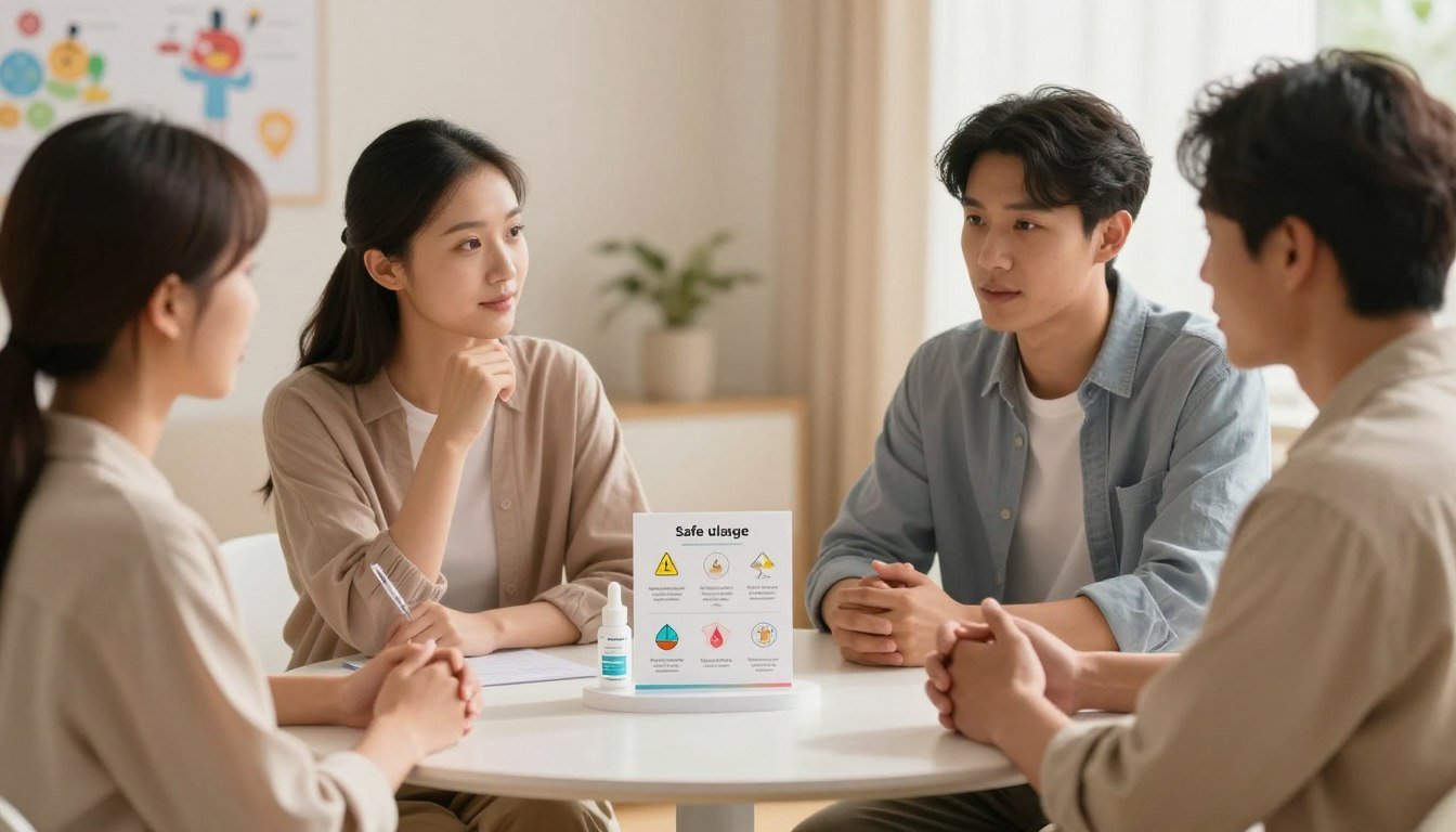 A tranquil and informative scene illustrating the safe usage and precautions for a wellness product, with a focus on safety. In the foreground, a diverse group of three individuals, dressed in smart casual clothing—two women and one man—are engaged in a thoughtful discussion, surrounded by colorful diagrams and infographics about safety guidelines. In the middle, a clean, modern table displays the product accompanied by labeled safety instructions and symbols. The background features a soft and inviting setting with warm lighting, enhancing a cozy atmosphere. Utilize a shallow depth of field to create a cinematic effect, emphasizing the individuals while softly blurring the surroundings. The overall mood should convey professionalism, trust, and warmth, suitable for an informative article.