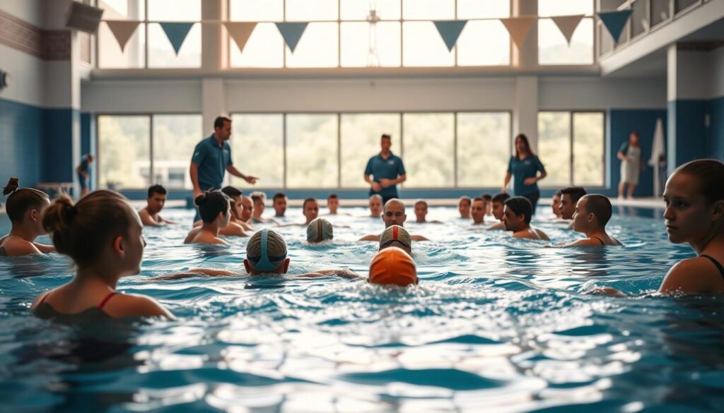 A vibrant scene depicting an international swimming training camp where athletes engage in teamwork and friendship-building activities. In the foreground, a diverse group of swimmers from various countries practice together in a well-maintained indoor pool, demonstrating synchronized strokes. The middle ground features coaches guiding the athletes with enthusiasm, emphasizing collaboration and encouragement. The background reveals a bright and airy facility, with large windows allowing natural light to flood the space, creating a warm and inviting atmosphere. Soft reflections dance on the water's surface. The mood is energetic and inspiring, showcasing the spirit of unity and camaraderie among the participants. The image should focus on the athletes in modest swim attire, embodying professionalism and dedication.