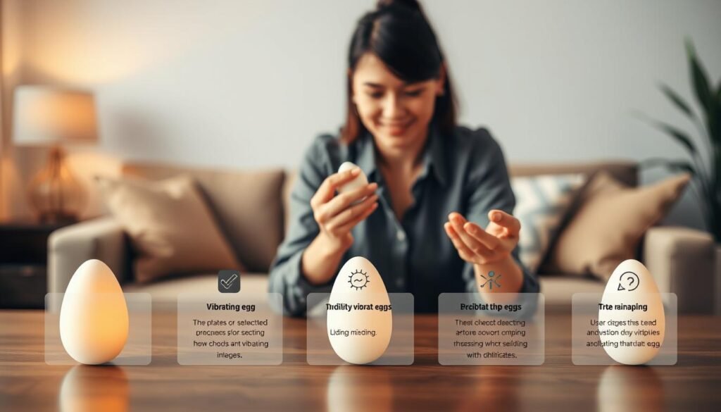 A visually appealing and informative image of a beginner's guide to selecting quality vibrating eggs, designed as an elegant infographic. In the foreground, feature a neatly arranged table displaying six key principles for choosing vibrating eggs, each represented with simple symbols or illustrations (like check marks, question marks, or light bulbs). In the middle ground, include a professional person in modest casual attire, engaged in examining a vibrating egg, showing a thoughtful expression. In the background, a soft-focus, modern living room setting enhances the casual, everyday atmosphere. The lighting is warm and inviting, creating a cozy environment. Use a slight overhead angle to showcase the table and its contents, inviting the viewer to learn about the selection process.