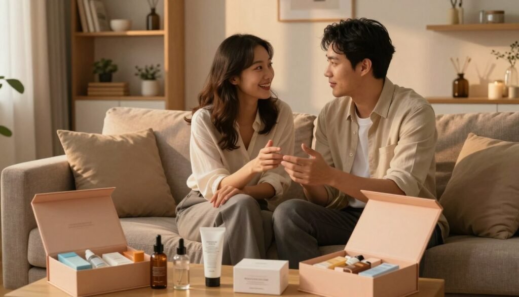 In a softly lit, cozy setting, a couple sits together on a comfortable couch, surrounded by an array of thoughtfully arranged personal items symbolizing intimacy. The foreground features elegantly designed, closed boxes containing different types of personal wellness products, showcasing variety without explicit content. The couple, dressed in professional yet relaxed attire, is engaged in a lighthearted discussion, conveying warmth and connection. In the background, shelves lined with tasteful decor create an inviting atmosphere, enhanced by warm, ambient lighting casting gentle shadows. The overall mood is intimate, romantic, and informative, perfect for exploring the topic of selecting appropriate personal wellness products with a sense of comfort and trust. The image is framed in a 4:3 aspect ratio to emphasize the couple's interaction and the surrounding environment.