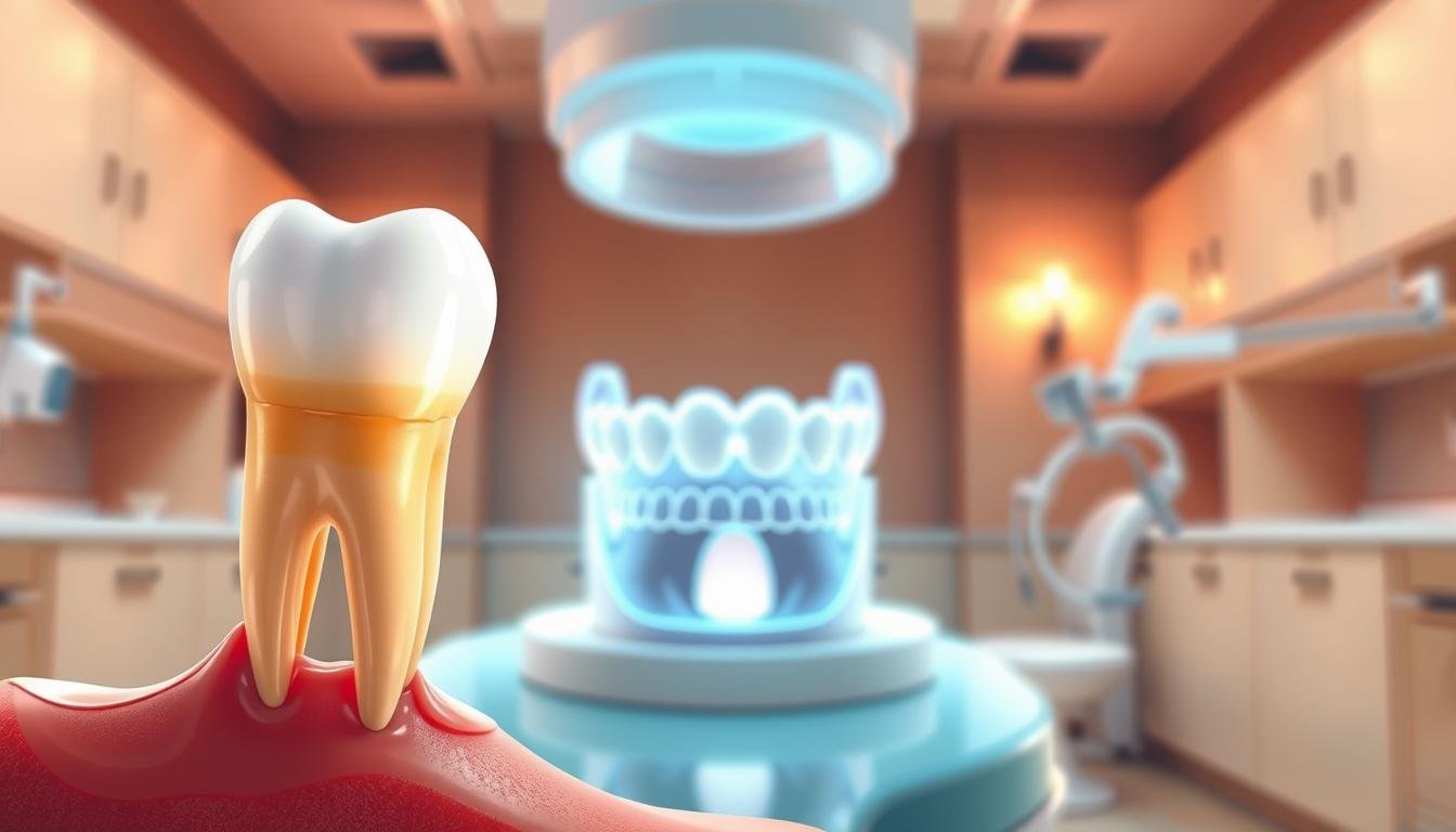 A detailed illustration depicting the growth of wisdom teeth, with a focus on a partially erupted tooth in the foreground. The tooth should be rendered in high detail, showcasing its shape and the surrounding gum tissue. In the middle ground, illustrate a dental model highlighting the jaw structure, with a soft glow emphasizing the importance of oral health. The background should be a serene, calming dental clinic environment, with warm lighting to create a welcoming atmosphere. Use a slight upward angle to convey an informative perspective on dental care. Overall, the mood should be educational yet approachable, reflecting the importance of monitoring wisdom teeth development.