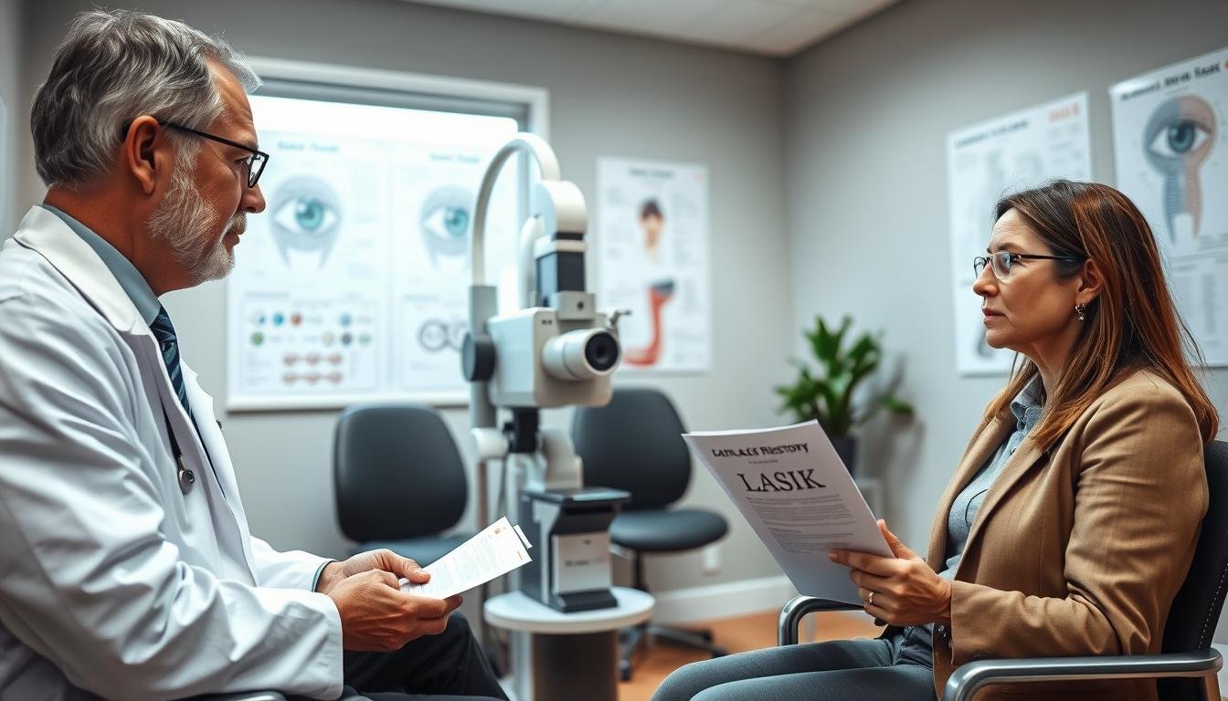 A detailed medical consultation scene focused on cataract treatment. In the foreground, a professional ophthalmologist in a white lab coat discusses with a patient, who appears engaged and concerned, seated in a clinical examination room. The patient, dressed in smart casual attire, holds medical documents, representing their LASIK surgery history. In the middle, a sleek examination equipment is placed, illuminated by soft overhead lighting, creating a focused atmosphere. The background features charts of the human eye anatomy on the walls, along with a large window letting in natural light, enhancing the soothing environment. The mood is serious yet supportive, emphasizing the importance of medical history in cataract treatment planning. The image should be sharp with a slight depth of field to highlight the subjects and create a warm and professional ambiance.
