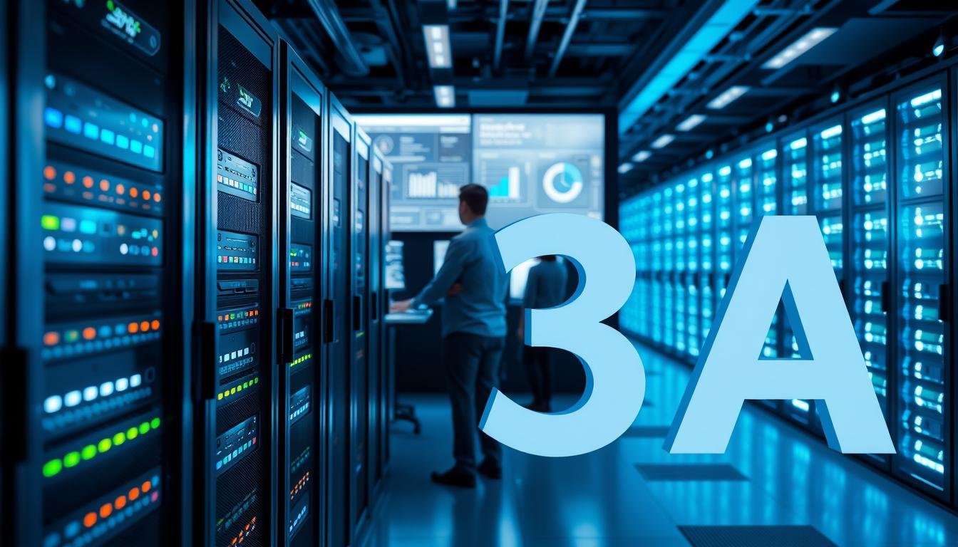 A modern data center representing "3A" prominently in a professional environment. In the foreground, sleek, modern servers with blinking lights, representing advanced technology. The middle layer features IT professionals in business attire, deeply focused on monitors displaying data security analytics and system optimizations, conveying a sense of meticulous work. The background includes expansive rows of server racks, illuminated by cool blue lighting, emphasizing a high-tech atmosphere. The scene is captured from a slightly elevated angle, enhancing depth, with a soft focus to create a calm yet industrious mood. The overall lighting is bright and crisp, highlighting the importance of data security and technological investment.