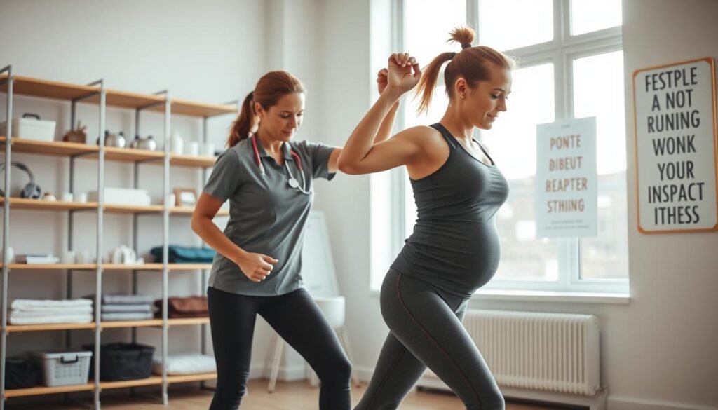 A female physiotherapist in a bright, modern clinical setting, assisting a postpartum runner performing a stretching exercise. The physiotherapist, dressed in professional attire, demonstrates proper alignment and support. The runner, wearing modest athletic wear, appears focused and determined as she engages in the rehabilitation process. In the background, shelves filled with physiotherapy tools and motivational posters related to postpartum fitness create an inspiring atmosphere. Soft, natural lighting streams through large windows, adding warmth to the scene. The angle is a medium shot, capturing both the athlete's effort and the physiotherapist's expertise, evoking a sense of empowerment and encouragement in the journey of returning to high-impact training after childbirth.