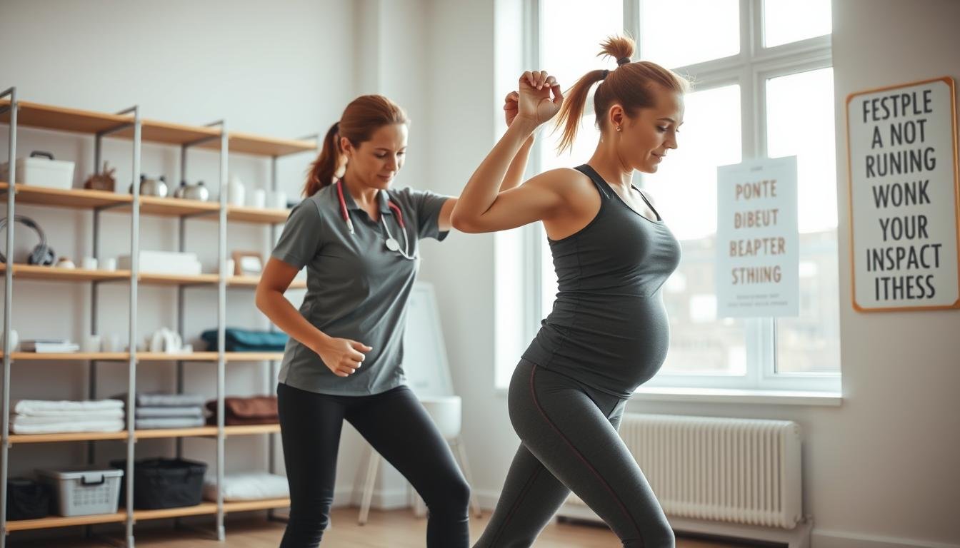 A female physiotherapist in a bright, modern clinical setting, assisting a postpartum runner performing a stretching exercise. The physiotherapist, dressed in professional attire, demonstrates proper alignment and support. The runner, wearing modest athletic wear, appears focused and determined as she engages in the rehabilitation process. In the background, shelves filled with physiotherapy tools and motivational posters related to postpartum fitness create an inspiring atmosphere. Soft, natural lighting streams through large windows, adding warmth to the scene. The angle is a medium shot, capturing both the athlete's effort and the physiotherapist's expertise, evoking a sense of empowerment and encouragement in the journey of returning to high-impact training after childbirth.