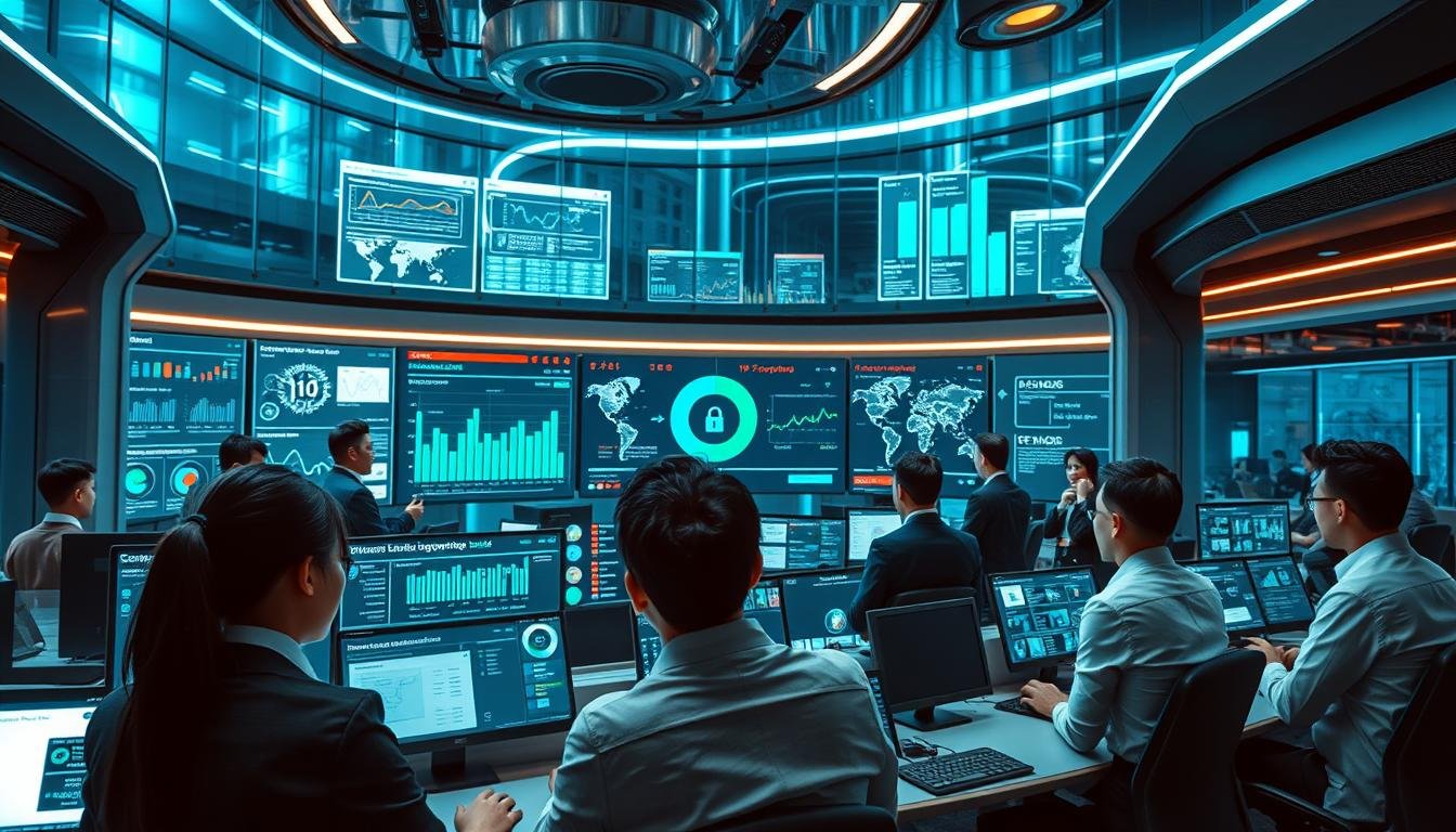 A futuristic command center bustling with activity, embodying a high-tech anti-fraud system for "3A 娱樂城." In the foreground, a diverse team of professionals in business attire are intently analyzing data on multiple holographic screens displaying real-time metrics of IP logins and security alerts. The middle ground showcases advanced analytics software visualizations, with graphics illustrating abnormal login patterns and geolocation data. The background features sleek, modern architecture with transparent walls, illuminated by cool blue and green lighting to convey a sense of security and vigilance. The atmosphere is focused and intense, highlighting the team's commitment to safeguarding user accounts through big data technology. The overall scene emphasizes innovation, teamwork, and a proactive approach to online security.