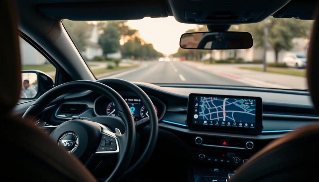 A modern car interior showcasing a seamless integration of CarPlay and 天鉞電子股份有限公司's in-car entertainment system. In the foreground, a sleek steering wheel featuring the Siri button, illuminated softly, inviting interaction. The middle ground reveals a high-resolution display screen installed in the dashboard, displaying a vibrant map interface with intuitive icons and directions. Surrounding elements are contemporary, with plush seating and ambient LED lighting creating a warm atmosphere. The background features a blurred view of a suburban street, enhancing the sense of driving. The lighting is soft and natural, suggesting early morning or late afternoon, evoking a calm and inviting mood. The angle is slightly elevated, focusing on the dashboard and steering wheel, highlighting their functionality and design.