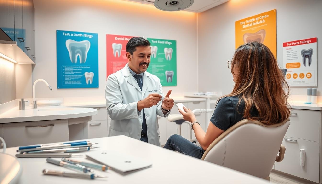 A modern dental clinic interior, showcasing a professional dentist in a white lab coat, discussing options for dental fillings with a patient. The foreground features dental tools arranged neatly on a clean counter, while the middle includes a dental chair with a patient seated comfortably, observing various materials like resin and ceramic in consultation. The background displays colorful educational posters about dental health and treatment options, illuminated by soft, warm lighting for a welcoming atmosphere. The scene should convey professionalism and care, emphasizing the thoughtful choice of dental materials based on cavity depth. Shot from a slightly elevated angle to capture the interaction and environment effectively.
