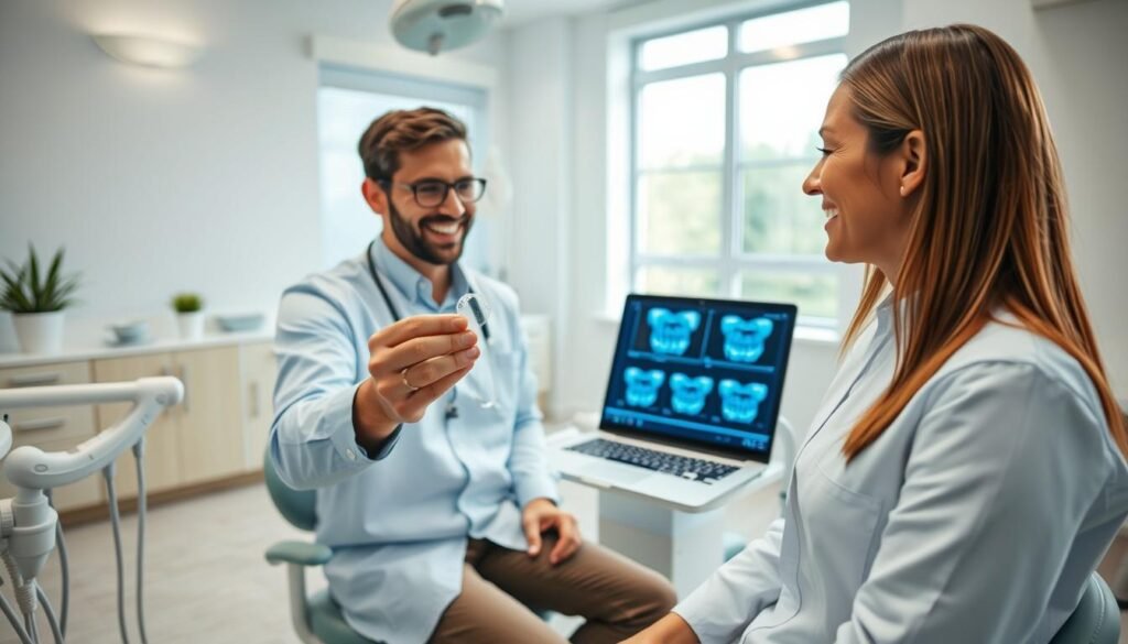 A professional dental office with a focus on Invisalign treatment. In the foreground, a dentist in professional attire, holding a clear aligner and discussing treatment options with a patient, who appears interested and engaged. In the middle, a modern dental chair with dental tools neatly arranged, and an open laptop displaying digital imaging of teeth. The background features a clean, bright dental office with soothing colors, and a large window allowing natural light to illuminate the scene. The ambiance is calm and welcoming, reflecting professionalism and expertise in dental care. The overall composition captures an informative and reassuring atmosphere, ideal for conveying the Invisalign treatment process.
