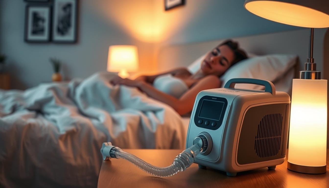 A serene bedroom scene showcasing a sleep apnea machine on a bedside table, with a soft glow from a bedside lamp illuminating the device. In the foreground, the machine is detailed with a sleek design, hoses, and a mask placed gently beside it. In the middle, a person in modest sleepwear sleeps peacefully in bed, with serene expressions indicating restful sleep. The background features calming wall colors and subtle decorations that promote tranquility. The lighting is warm and inviting, creating a peaceful atmosphere, and a slight depth of field effect adds focus to the machine and the sleeping individual. The overall mood reflects comfort, health, and the benefits of restful sleep aided by modern technology.
