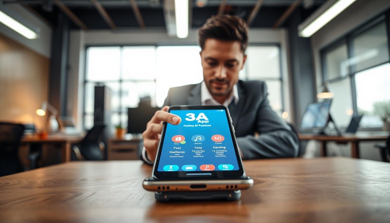 A sleek smartphone displaying the interface of the "3A App" on its screen, placed on a modern wooden desk. In the foreground, there is a professional-looking businessperson, dressed in smart casual clothing, analyzing the app with a focused expression. The middle section features a vibrant digital display of the app's key features and icons, glowing softly. In the background, a well-lit, contemporary office environment has hints of tech equipment, creating a productive atmosphere. The lighting is bright yet warm, casting soft shadows, and emphasizing the importance of the app. The angle of the shot is slightly tilted from above, giving a dynamic perspective on the interaction between the user and the app. The overall mood is one of innovation and professionalism, inviting curiosity about the new technology.