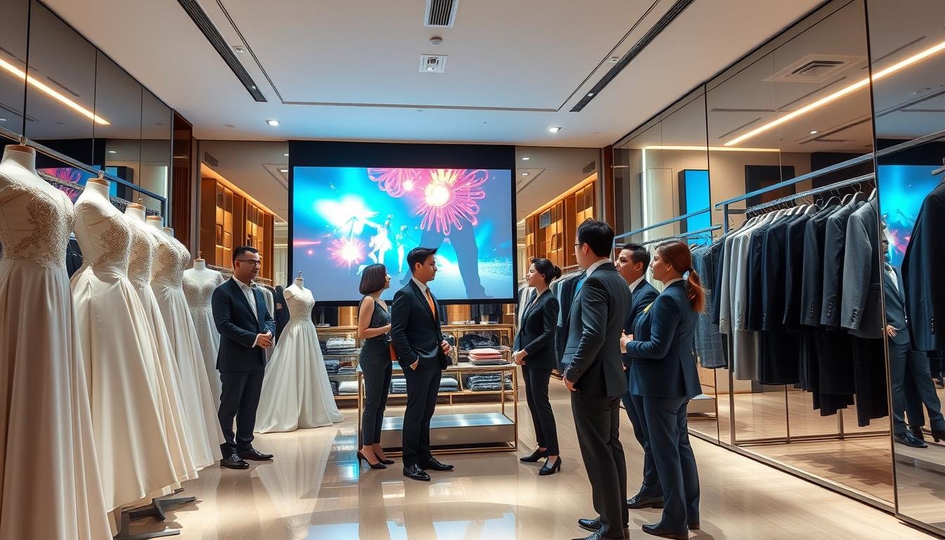 A stylish Taipei formal wear store interior, showcasing elegant gowns and suits elegantly displayed on mannequins and hangers. In the foreground, a group of well-dressed individuals, including a professional consultant in business attire, engaging in a discussion about clothing options, exuding an atmosphere of sophistication. The middle ground features a high-resolution 4K projection screen displaying a vibrant and engaging music video, enhancing the immersive experience. The background boasts sleek mirrors and soft, ambient lighting that reflects the modern design of the store, creating a welcoming yet upscale mood. The angle captures the entire scene from a slightly elevated perspective, emphasizing the luxurious ambiance while maintaining professionalism throughout.