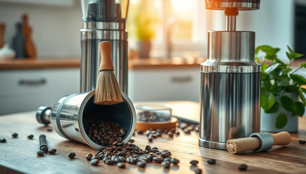 A beautifully arranged coffee grinder cleaning scene, showcasing an elegant, stainless steel grinder with a removable grinding chamber. In the foreground, depict the grinder open, revealing coffee grounds inside and a soft brush being used for cleaning, illustrating the meticulous care involved in maintaining the device. The middle layer features a wooden table adorned with scattered coffee beans, cleaning tools, and a vibrant green plant for a touch of freshness. Capture warm, natural light pouring in from a nearby window, creating a cozy and inviting atmosphere. The background should subtly hint at a modern, minimalistic kitchen with soft-focus elements. This composition emphasizes best practices in grinder care, exuding a sense of professionalism and attention to detail.