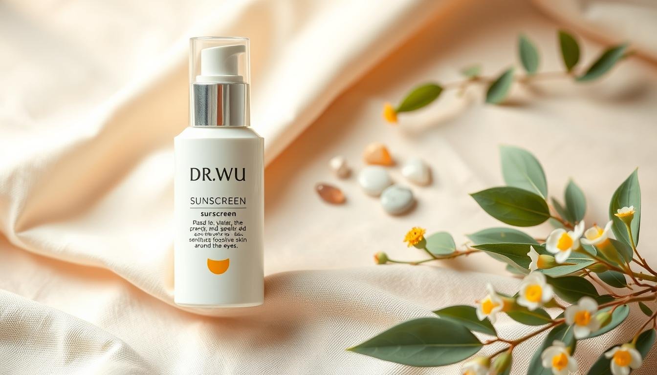 A beautifully composed flat lay image featuring DR.WU sunscreen specifically designed for sensitive skin around the eyes. In the foreground, showcase the high-quality sunscreen bottle elegantly placed on a soft, pastel-colored cloth. Surrounding the bottle, include calming elements such as light green leaves and delicate flowers to enhance the soothing theme. In the middle ground, include a few soft focus natural elements such as small pebbles or crystals, creating a tranquil, harmonious effect. The background should be softly blurred to maintain focus on the product, with a warm, diffused natural light illuminating the scene gently. The overall mood is peaceful, encouraging, and inviting, highlighting the importance of eye area protection without overwhelming the viewer.