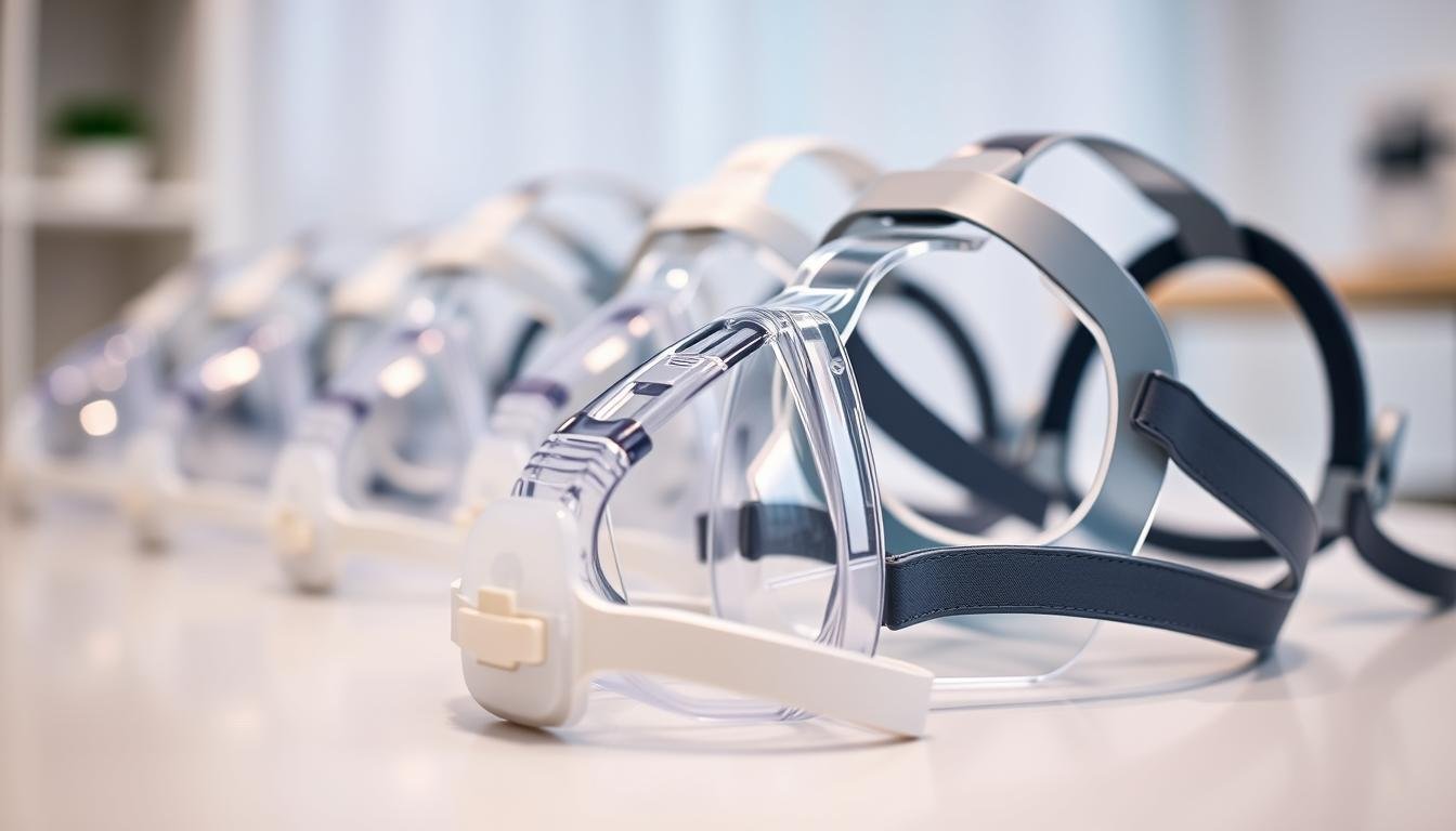 A close-up view of an array of CPAP masks in various sizes and styles, displayed on a clean, clinical surface. In the foreground, focus on a detailed silicone mask with a secure fit, showcasing its adjustable straps and cushioning for comfort. In the middle, include other masks with different shapes, emphasizing their unique design features like ventilation ports and contoured shapes that cater to various facial structures. The background should be softly blurred, hinting at a well-lit sleep clinic environment with gentle, diffused lighting, evoking a sense of calmness and professionalism. The atmosphere should be informative, illustrating the importance of proper mask fitting in sleep therapy without any text or distractions.