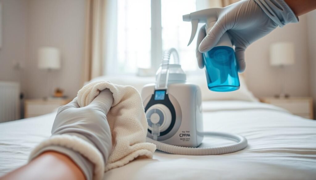 A close-up view of a CPAP machine being carefully cleaned. In the foreground, a pair of gloved hands holding a soft cloth and a bottle of cleaning solution, focused on one component of the machine, ensuring intricate detail on the textures. In the middle, the CPAP machine is prominently displayed, showcasing its sleek design, with various parts visible, like the mask and tubing. The background features a well-lit, serene bedroom environment, with soft natural light filtering in through a window, creating a peaceful atmosphere. The overall mood conveys care and attention to hygiene, emphasizing the importance of maintaining the CPAP device to prevent unpleasant odors. The composition should be clean, inviting, and professional, with no people in the scene.