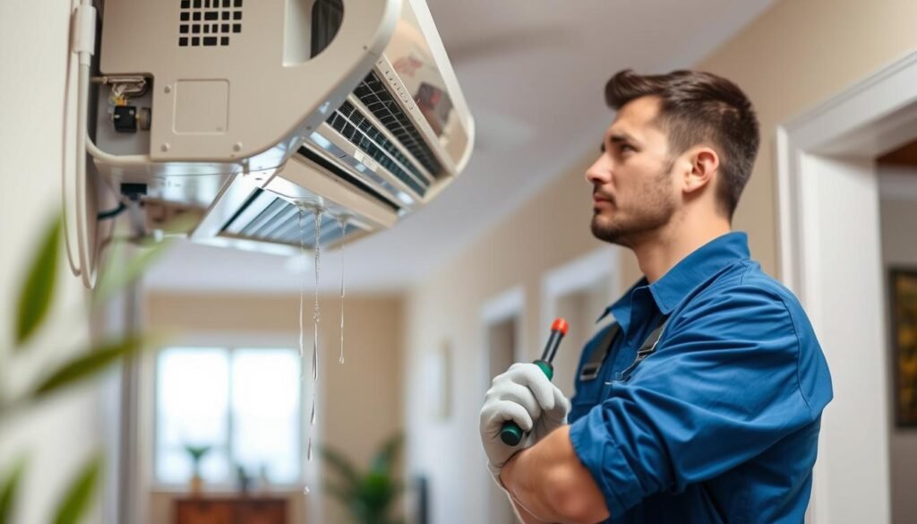 A professional air conditioning repair technician in a clean, well-lit residential corridor is fixing a dripping air conditioning unit. In the foreground, the technician, dressed in a blue uniform and safety gloves, is focused on the unit, using tools to address the problem. The dripping water is highlighted, showcasing the issue clearly. In the middle ground, the air conditioning unit is mounted against a neutral-colored wall, with visible water droplets forming and falling. In the background, soft-focus elements like plants and an open door give a sense of a well-kept home environment. The lighting is bright and inviting, conveying a sense of professionalism and reliability. The atmosphere is calm and industrious, capturing the essence of a skilled maintenance service in action.