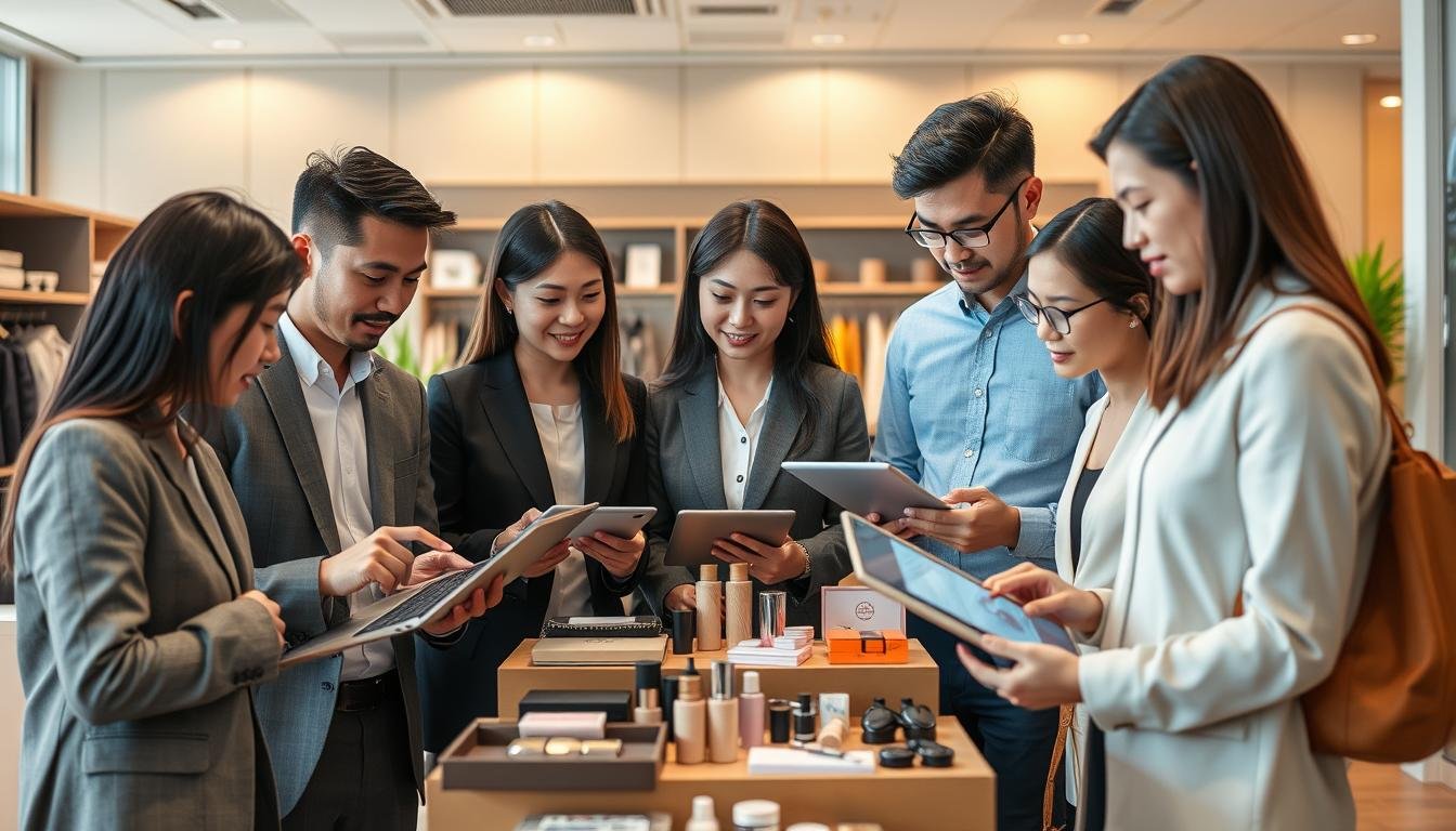 A professional and informative scene depicting the process of American purchasing services (代購) for Taiwanese consumers. In the foreground, show a diverse group of well-dressed individuals discussing products on laptops and tablets, showcasing a mix of genders and ethnicities. In the middle ground, include items typically available via代購, such as electronics, fashion, and cosmetics, organized neatly on shelves or tables. The background should feature a modern office environment with a calming color palette, warm and bright lighting to create an inviting atmosphere. Use a wide-angle perspective to capture the interaction between the people and products, conveying a sense of accessibility and efficiency in the purchasing process.