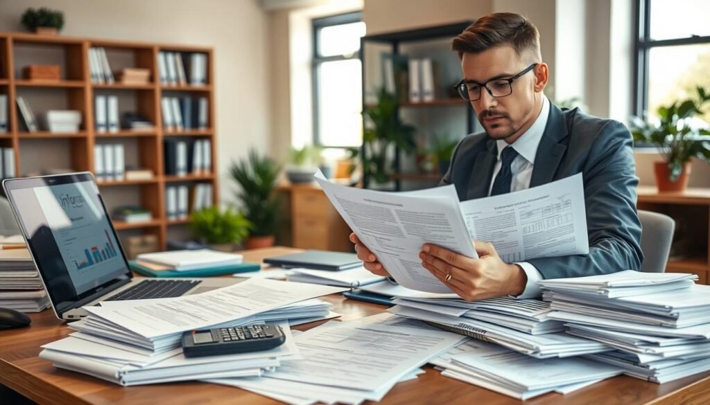A professional office setting, featuring a cluttered desk filled with essential documents for starting a company. In the foreground, a businessperson in a smart, professional outfit is reviewing various papers, such as incorporation forms and tax documents, looking focused and engaged. The middle ground includes a laptop displaying financial software and a calculator, while stacks of file folders and a company logo are visible. The background reveals a well-organized office environment with shelves of books and plants, bathed in warm, natural sunlight to create an inviting atmosphere. The overall mood conveys diligence, preparation, and a successful business mindset, emphasizing the importance of document organization in company formation. The image highlights the tasks necessary for compliance in starting a business.