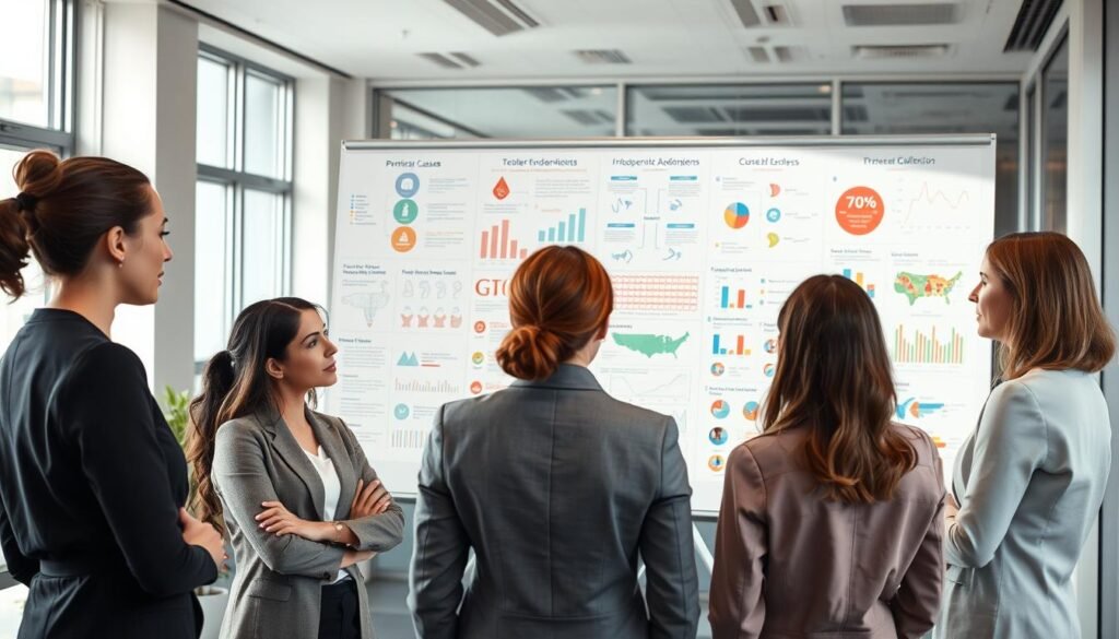 A professional and insightful image depicting the analysis of the primary causes of flat chest in women, suitable for an article. In the foreground, a diverse group of women in professional attire, thoughtfully engaged in discussion, surrounded by charts and diagrams illustrating various causes such as genetics, hormonal changes, and lifestyle factors. In the middle ground, a large whiteboard filled with colorful diagrams, notes, and infographics detailing medical explanations and statistics. The background features a modern office environment, with soft natural lighting coming from large windows, creating an inviting atmosphere. Use a slightly elevated angle to capture the full scene, emphasizing the collaborative nature of medical analysis, while maintaining a warm and professional mood.