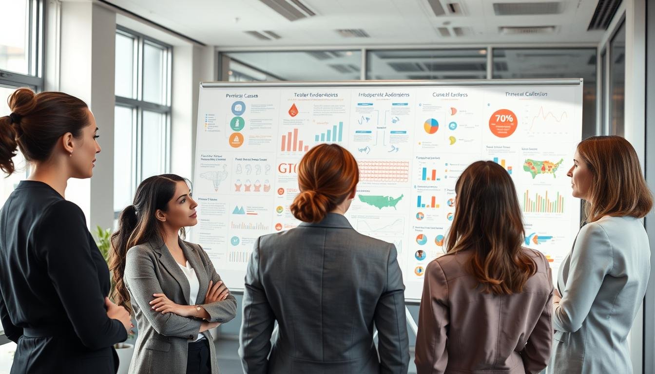 A professional and insightful image depicting the analysis of the primary causes of flat chest in women, suitable for an article. In the foreground, a diverse group of women in professional attire, thoughtfully engaged in discussion, surrounded by charts and diagrams illustrating various causes such as genetics, hormonal changes, and lifestyle factors. In the middle ground, a large whiteboard filled with colorful diagrams, notes, and infographics detailing medical explanations and statistics. The background features a modern office environment, with soft natural lighting coming from large windows, creating an inviting atmosphere. Use a slightly elevated angle to capture the full scene, emphasizing the collaborative nature of medical analysis, while maintaining a warm and professional mood.