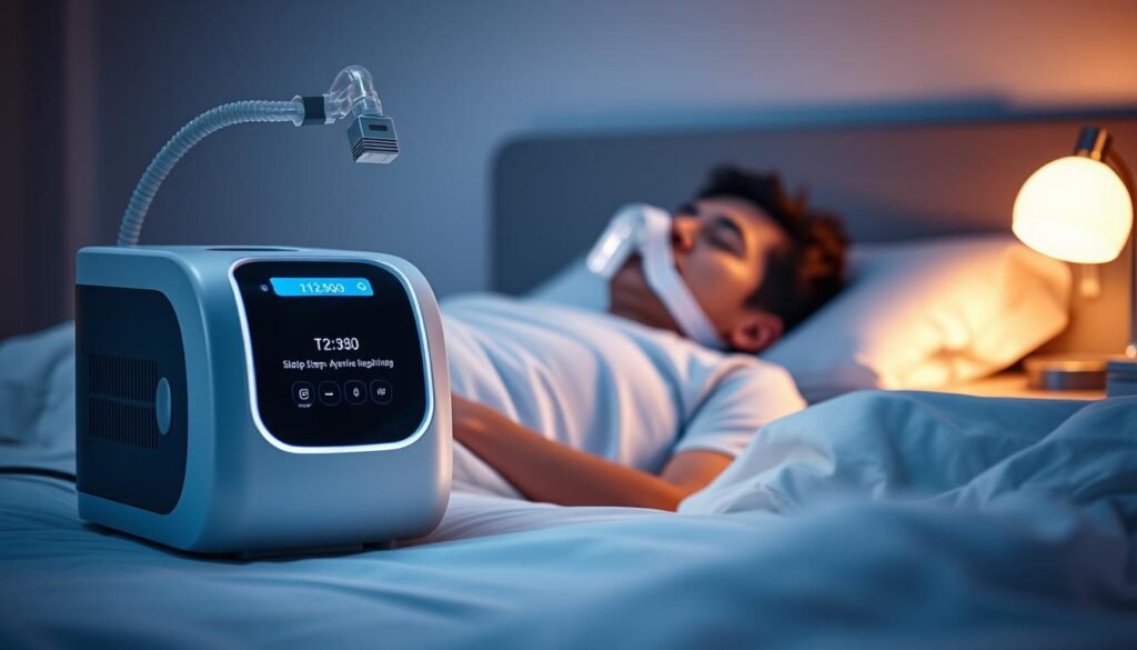 A modern sleep apnea machine placed prominently in the foreground, showcasing its sleek design and illuminated interface. In the middle, a peaceful bedroom scene with a person lying in bed wearing a sleep mask connected to the machine, illustrating their face relaxed in REM sleep. The background features soft, muted colors and dim ambient lighting, creating a calming atmosphere conducive to sleep. A bedside table with a soft glow from a lamp casts gentle shadows, enhancing the tranquility of the scene. The composition is framed from a slightly elevated angle to capture both the device and the person comfortably. The overall mood is serene and peaceful, emphasizing the therapeutic role of the sleep machine in managing sleep behavior disorders.