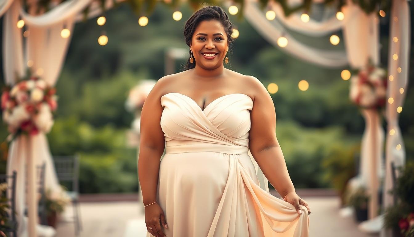 A plus-size woman elegantly dressed for a wedding, showcasing perfect outfit combinations emphasizing flattering cuts and fabrics that enhance her silhouette. The foreground features her in a beautifully tailored dress, highlighting strategic draping and a flowing skirt. The middle ground reveals a picturesque outdoor wedding setting with soft floral arrangements and ambient hanging lights. The background shows gentle greenery, creating a romantic and inviting atmosphere. The lighting is warm and soft, casting a flattering glow on the subject, while the angle captures a three-quarter view to showcase her ensemble. The mood is joyful and celebratory, emphasizing confidence and elegance in wedding attire.