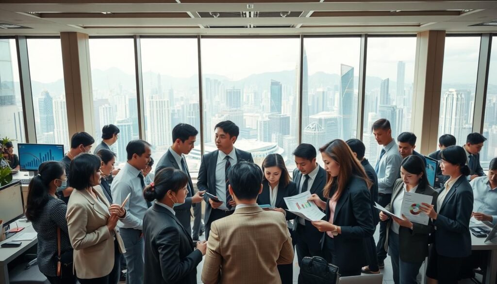 A professional and bustling scene representing the popular industries under the Hong Kong Talent Admission Scheme. In the foreground, a diverse group of individuals in formal business attire, engaged in discussions and studying materials related to their potential applications. In the middle ground, a modern office environment filled with technology-related elements such as computers and documents featuring industry charts. In the background, large windows reveal a panoramic view of Hong Kong's skyline, symbolizing opportunity and growth. The lighting is bright and inviting, creating an atmosphere of ambition and professionalism. The image captures a sense of hope and determination among the applicants, illustrating their preparation journey for the Talent Admission Scheme.
