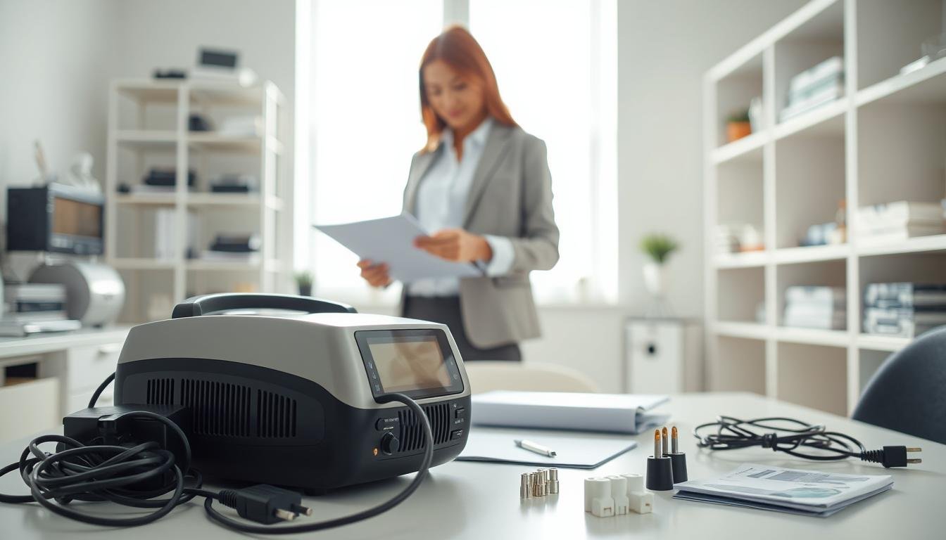 A well-lit, organized workspace featuring a sleep apnea machine prominently in the foreground, surrounded by essential accessories like a power adapter, various connection plugs, and a user manual. In the middle ground, display a professional, engaged person in business attire, carefully examining the machine while making notes on a clipboard. The background should show a clean, modern room with shelves that hold additional medical equipment, emphasizing a preparatory atmosphere. Soft, natural light filters through a window, creating a calm and focused mood. The angle should be slightly tilted to capture the depth of the workspace, ensuring clarity and vibrancy in the colors.
